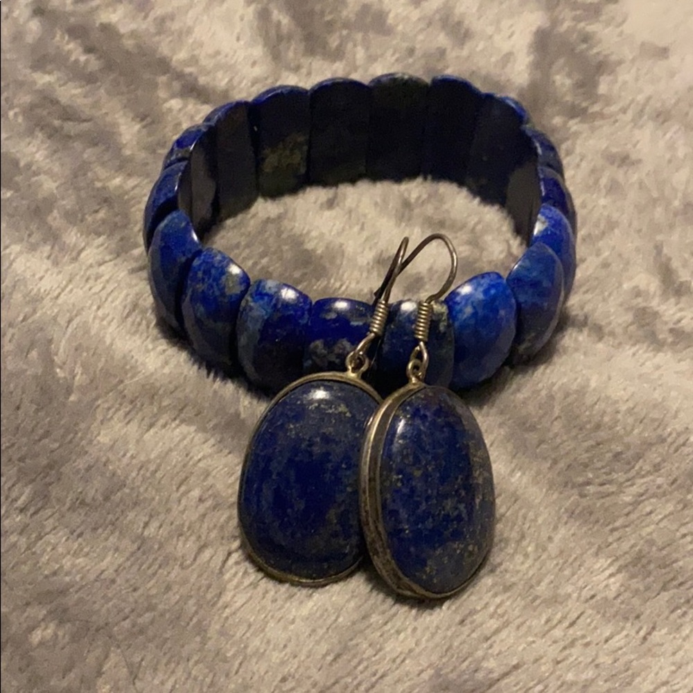 Lapis lazuli bracelet and silver earrings set